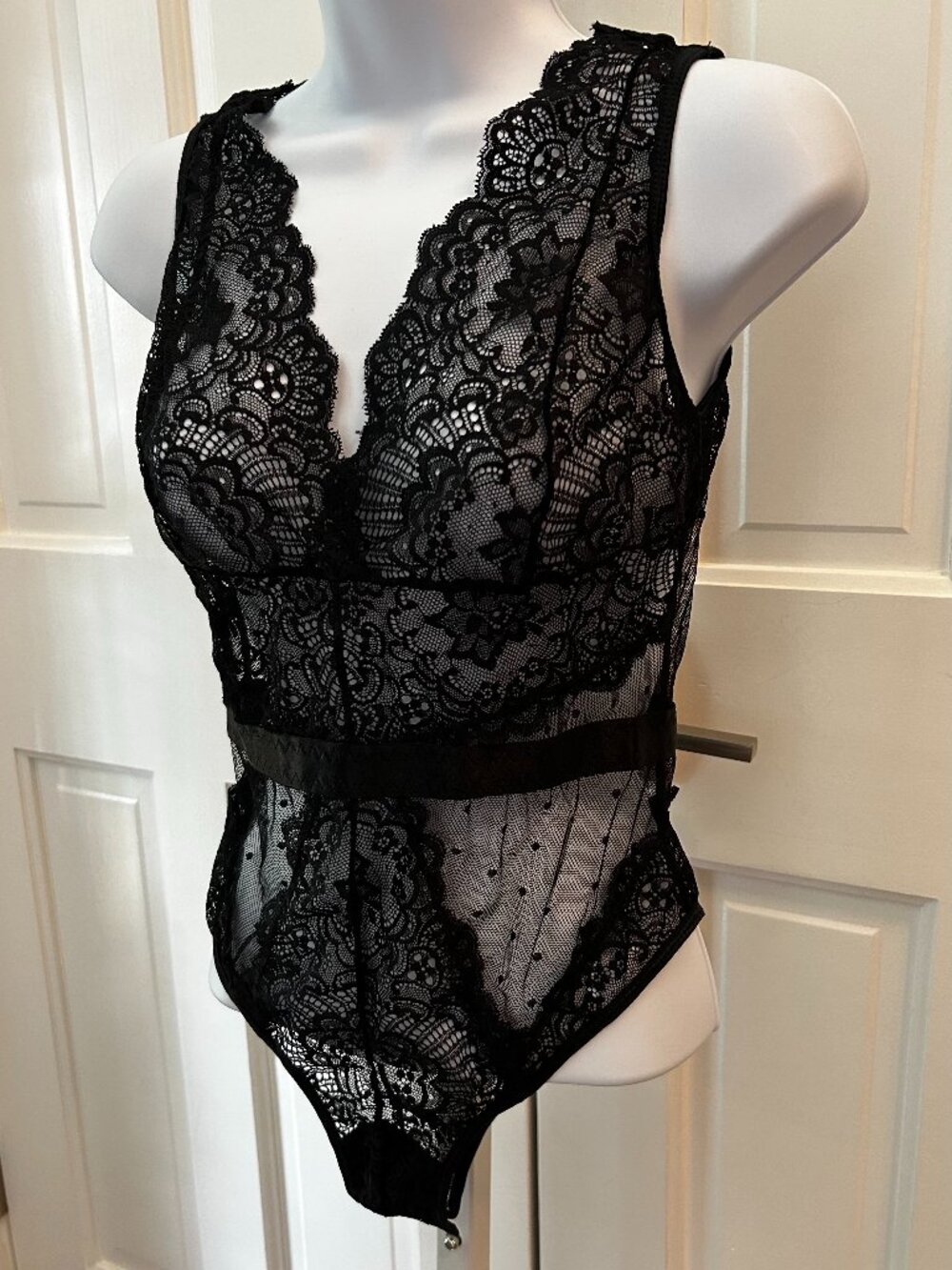Black lace teddy with snap opening